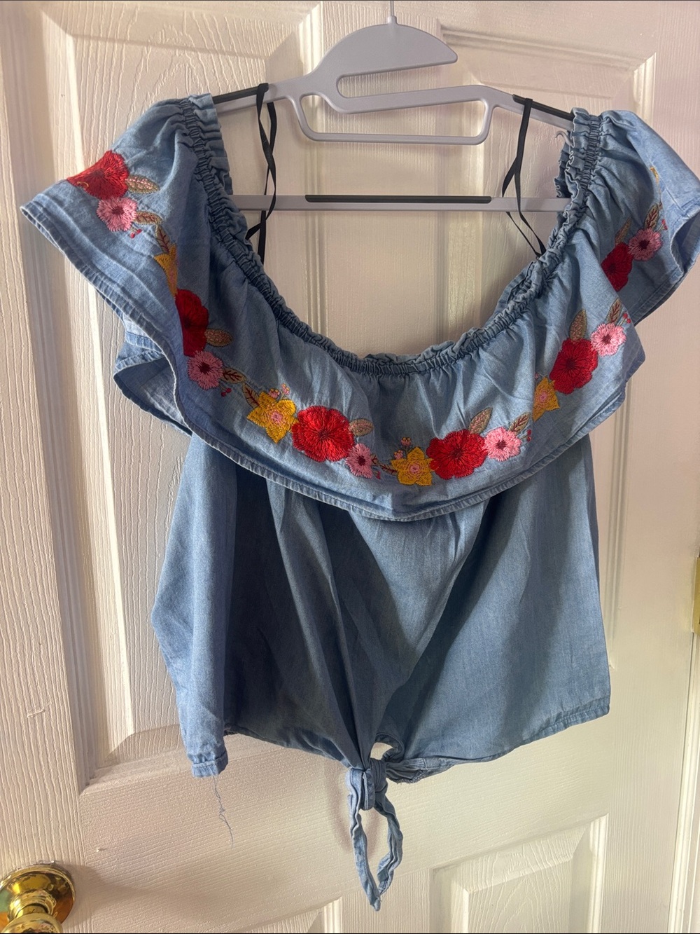 Forever 21 Light Denim Off-Shoulder Embroidered Tie-Front Top